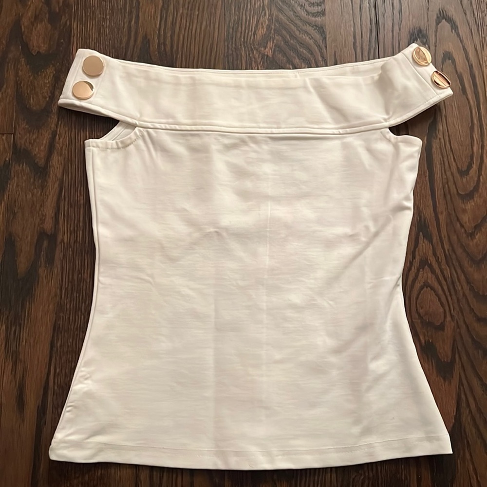 NWT Karen Millen Rivet detail Bardot Ponte top ivory size UK 6